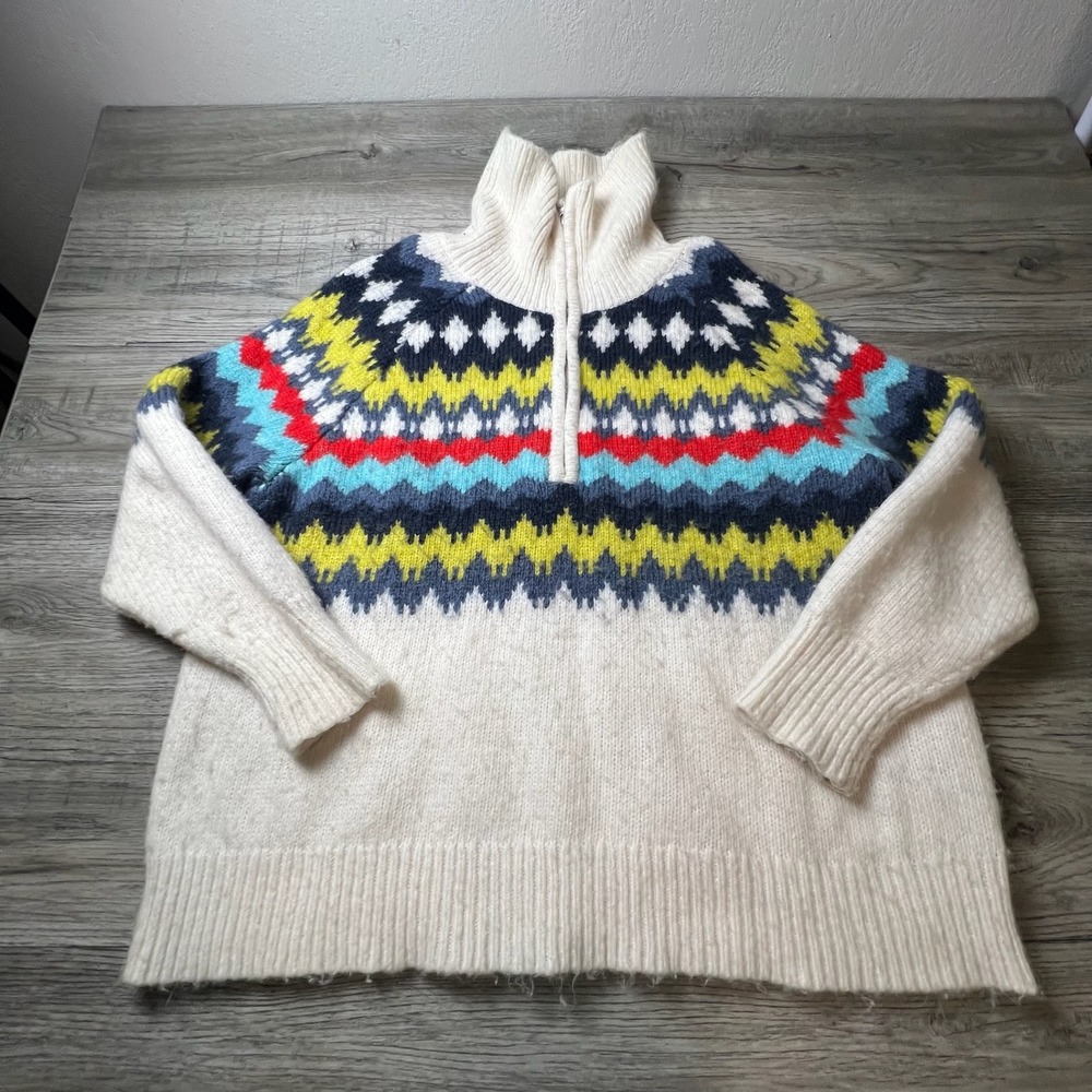 Aerie Quarter Zip Sweater Womens LG Cream Fair Isle Oversized Mock Neck Knit